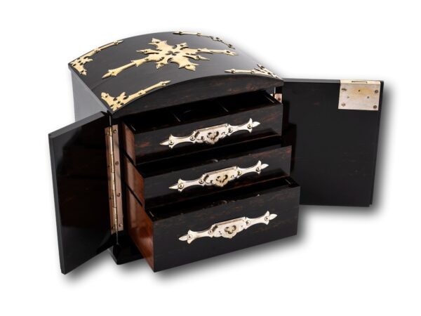 Overview of the Betjemann Coromandel Jewellery Box with the doors open and the drawers pulled out