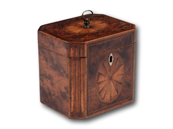 Front overview of the Georgian Burr Yew Tea Caddy