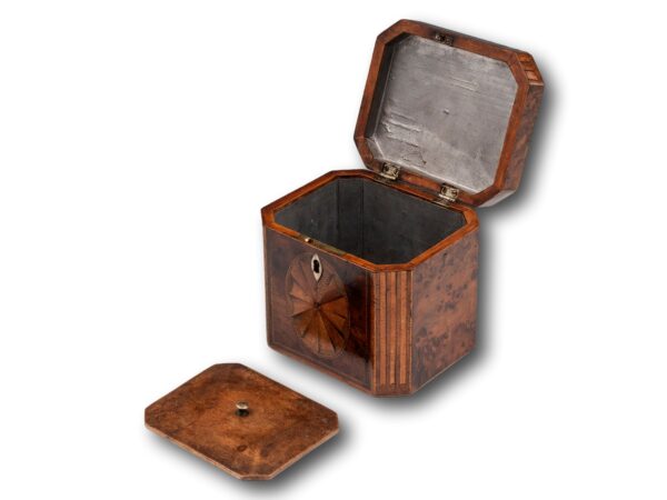 Overview of the Georgian Burr Yew Tea Caddy with the lid up and caddy lid removed
