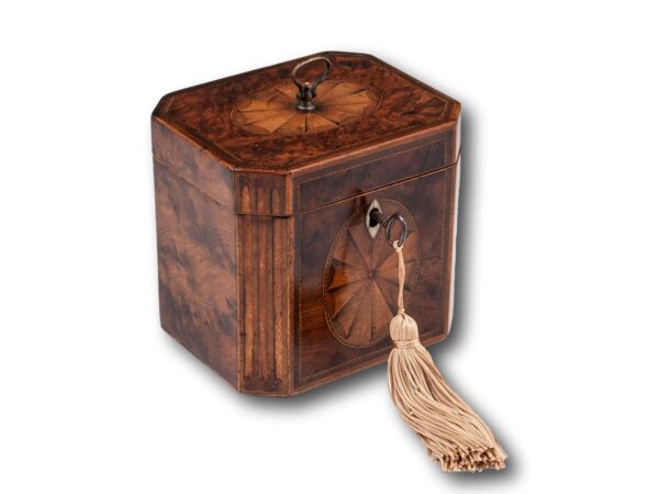Overview of the Georgian Burr Yew Tea Caddy with the key inserted