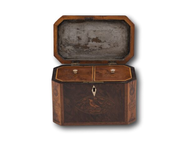 Overview of the Georgian Burr Yew Tea Caddy with the lid open