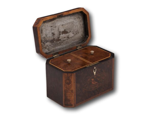 Side Overview of the Georgian Burr Yew Tea Caddy with the lid open