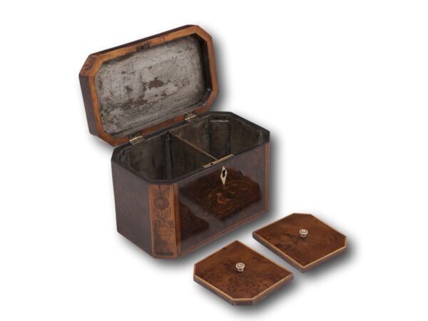 Overview of the Georgian Burr Yew Tea Caddy with the lid open and the caddy lids removed