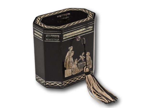 Overview of the Georgian Henry Clay Tea Caddy with the key inserted