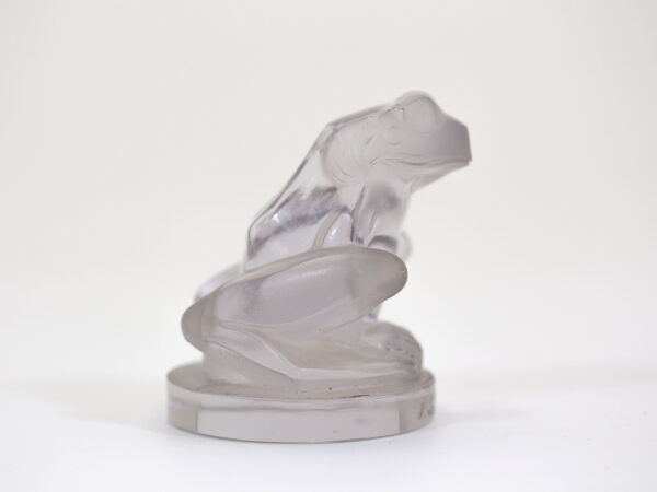 Side profile of the Rene Lalique Frog Mascot removed from base