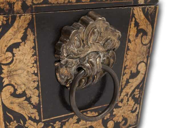 Close up of the Handles on the Regency Penwork Tea Chest