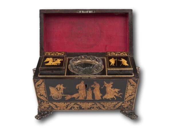 Front of the Regency Penwork Tea Chest with the lid up