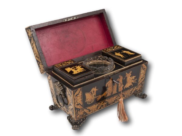 Front overview of the Regency Penwork Tea Chest with the lid up and key inserted