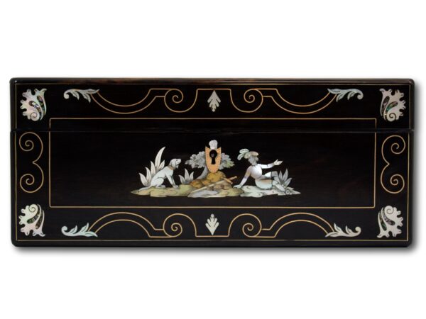 Front profile of the sewing box showing the abalone shell scene