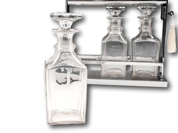 Close up of one of the squared decanter bottles