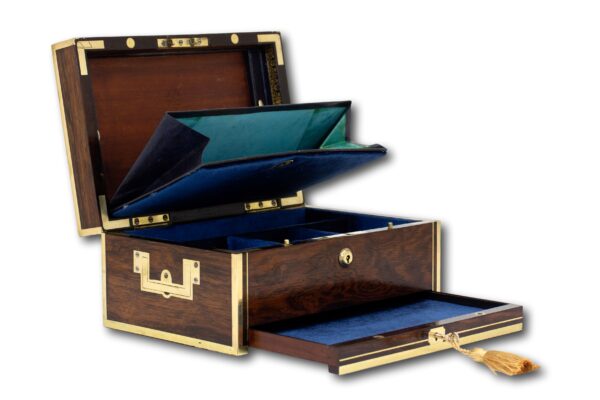 Overview with the lid up, drawer open and document storage down of the Edwards Jewellery Box