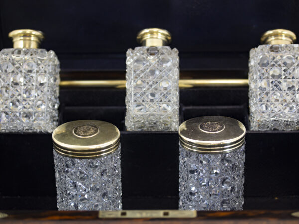 Close up of the Hobnail Cut Glass bottles with Silver-Gilt lids