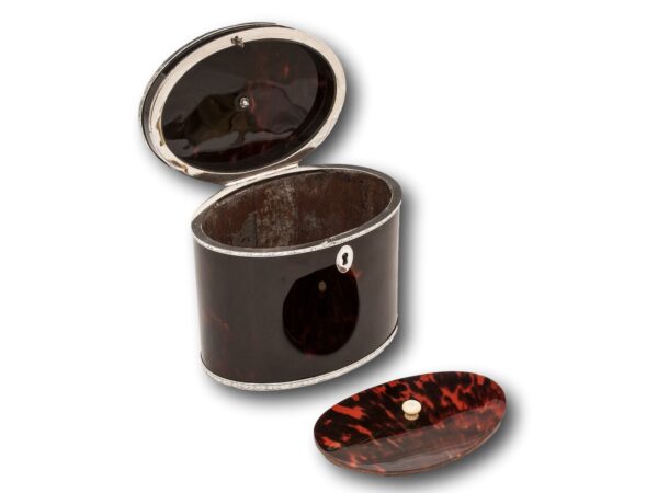 Front overview of the Red Tortoiseshell and Silver Tea Caddy with the lid up and caddy lid removed