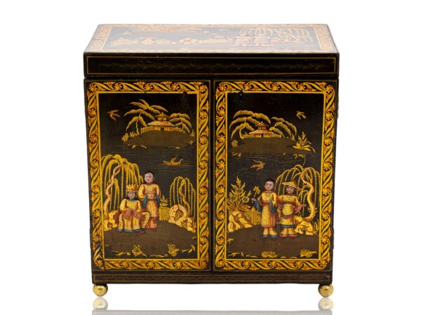 Overview of the Regency Japanned Chinoiserie Sewing Cabinet