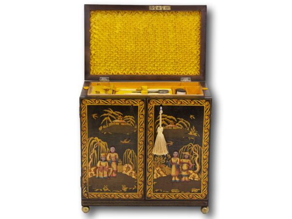 Regency Japanned Chinoiserie Sewing Cabinet with the lid open