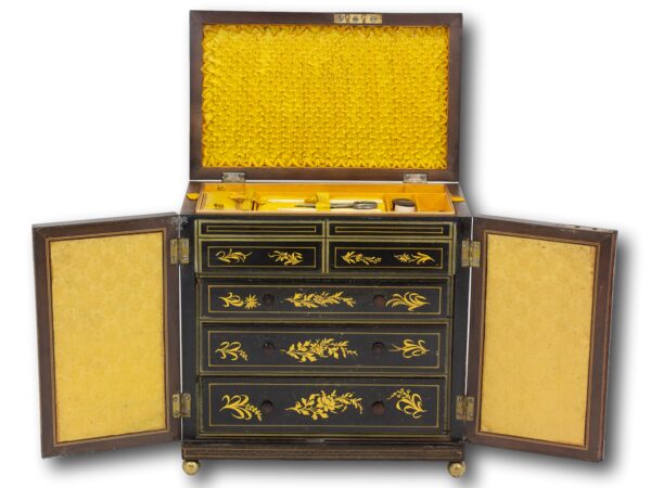 Regency Japanned Chinoiserie Sewing Cabinet with the lid and doors open