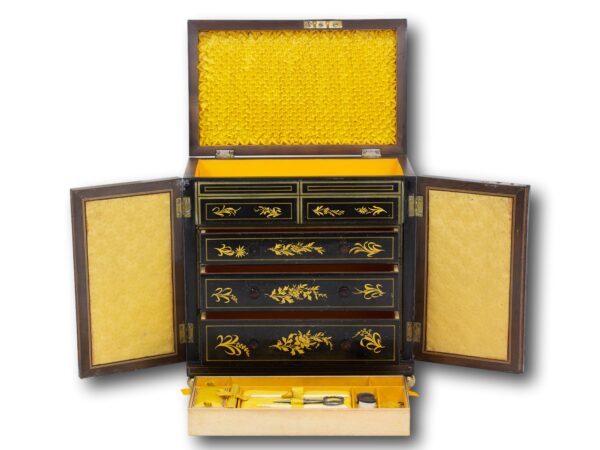 Regency Japanned Chinoiserie Sewing Cabinet with the lid and doors open and top tray removed