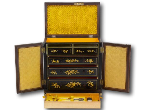 Regency Japanned Chinoiserie Sewing Cabinet with the lid and doors open, drawers out and top tray removed