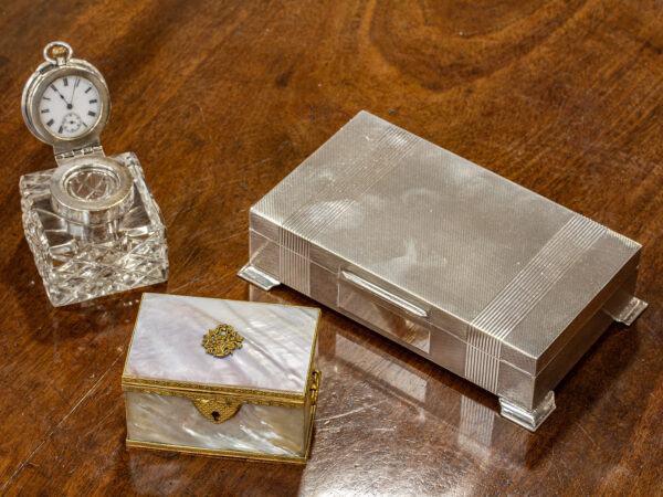 French Empire Mother of Pearl & Ormolu Box in a decorative collectors setting to see the scale