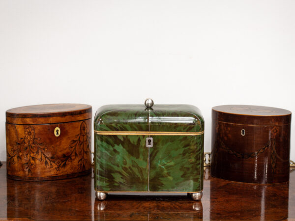 Georgian Green Tortoiseshell Tea Caddy in a decorative collectors setting to see the scale
