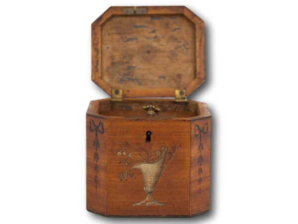 View of the Georgian painted tea caddy with the lid up