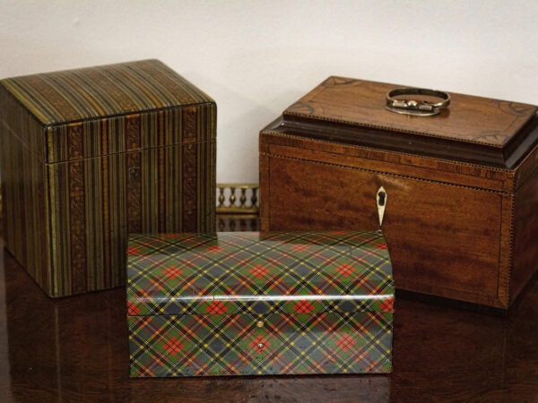 Scottish Tartanware Box in a decorative collectors setting to view the scale