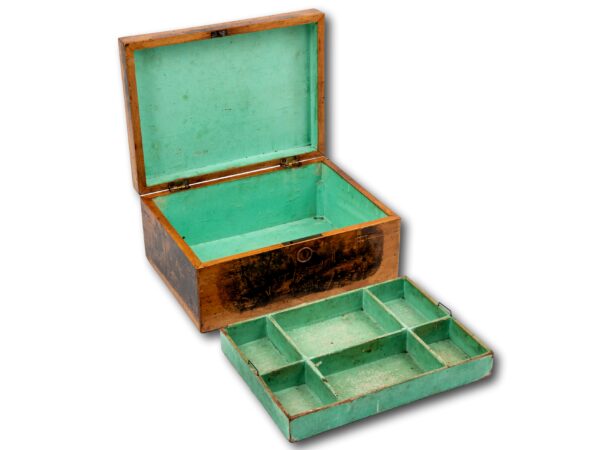 View with the lid open on the Regency Penwork Work Box and the tray removed
