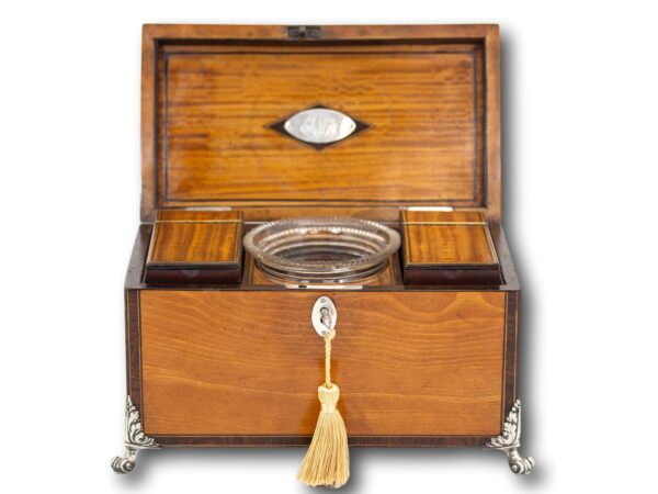 Georgian Satinwood Tea Chest with the lid up and key inserted