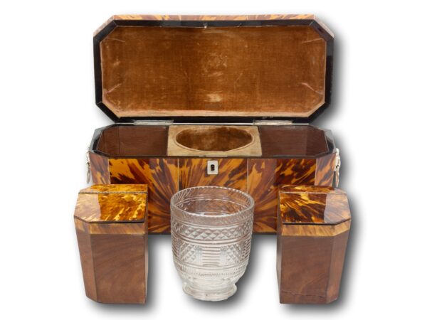 Regency Blonde Tortoiseshell Tea Caddy with the lid up and the components removed