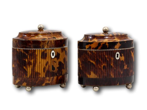 Side overview of the tortoiseshell tea caddy pair