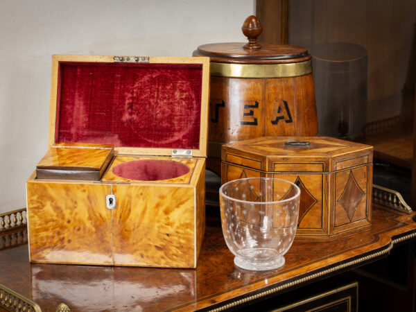 Regency Blonde Tortoiseshell Tea Chest in a decorative collectors setting