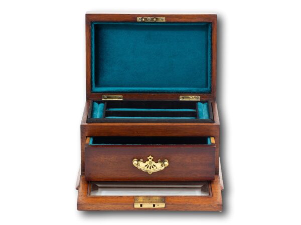 Mahogany Jewellery Box with the lid open and the front drop down