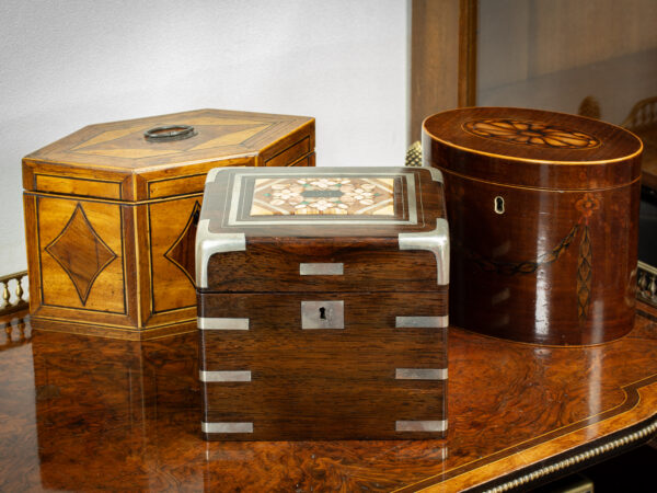 Rosewood Karlsbad Tea Caddy in a decorative collectors setting