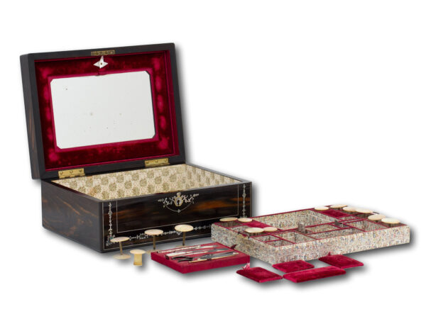 Coromandel and Mother of Pearl Mechi Sewing Box with the lid open, top tray removed and top tool pad removed and various tools