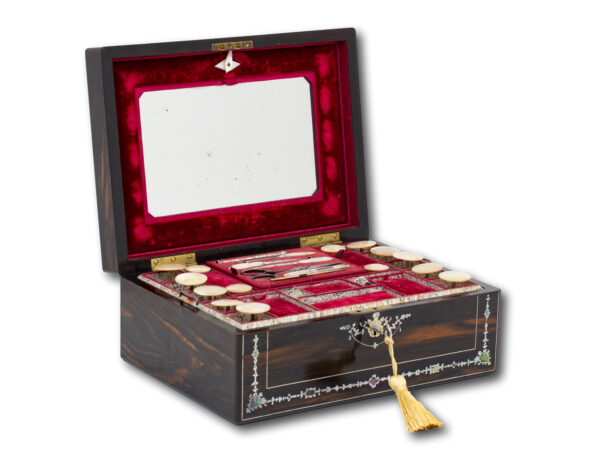 Coromandel and Mother of Pearl Mechi Sewing Box with the lid open and key inserted