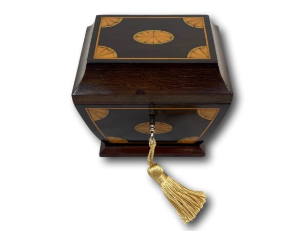 Overview of the Edwardian Sarcophagus Tea Caddy with the Key inserted