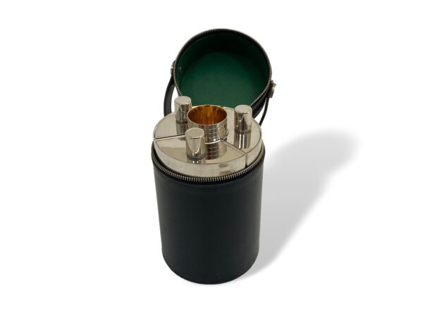 Overview of the German Tripple Flask Set travel case with the lid up revealing the flasks and shot glasses