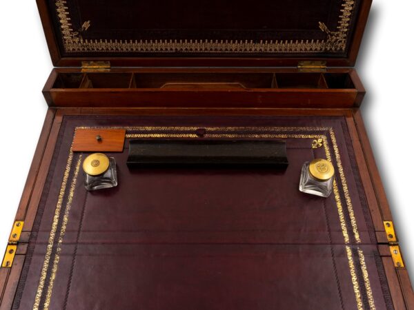 Close up of the inkwells, pen tray and lidded compartment removed