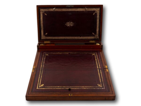 Front overview of the Mahogany Writing Box with the lid up and the writing slope open