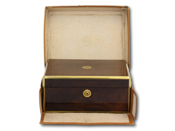 Overview of the Travel Case with the lid up housing the Rosewood Vanity Box