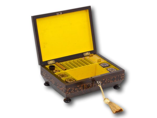 Tunbridge Ware Sewing Box with the lid up and key inserted