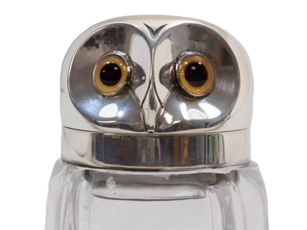 Close up of the sterling silver owls face with glass eyes