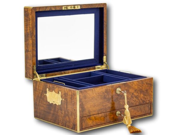 Overview of the Burr Walnut Jewellery box by Asprey of London with the lid up and keys inserted