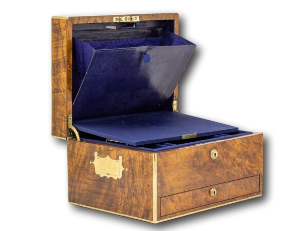 Overview of the Burr Walnut Jewellery box by Asprey of London with the mirror dropped down