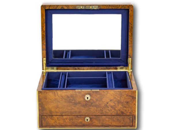 Overview of the Burr Walnut Jewellery box by Asprey of London with the lid up