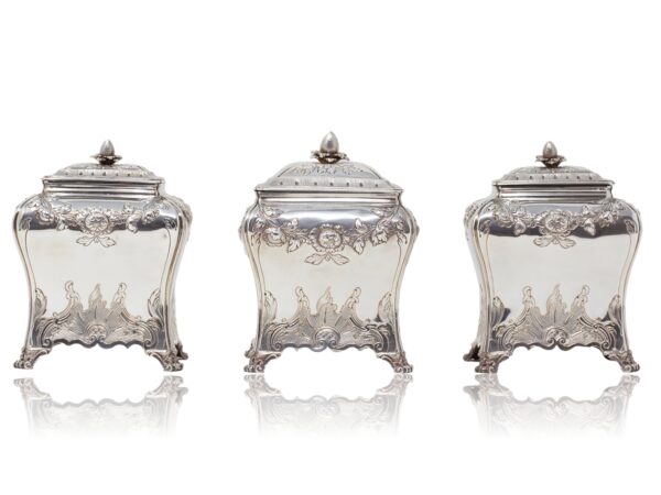 Overview of the two caddies and single sugar caddy by Pierre Gillois