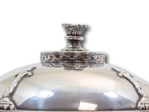 Close up of the domed silver lid and finial