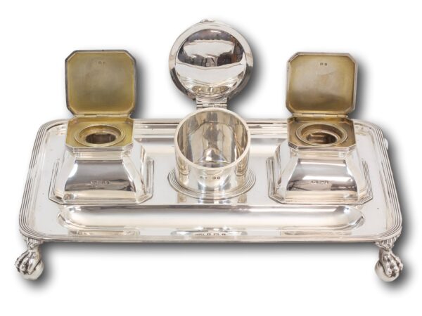 Front overview of the sterling silver ink stand with the ink well lids up and pocket watch up