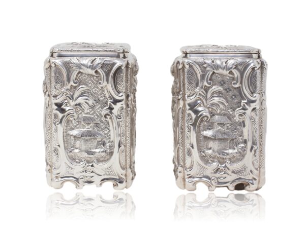 Side of the Victorian Sterling silver tea caddies by Joseph Angell I & Joseph Angell II.