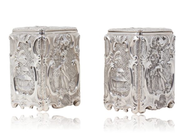 Side Overview of the Victorian Sterling silver tea caddies by Joseph Angell I & Joseph Angell II.